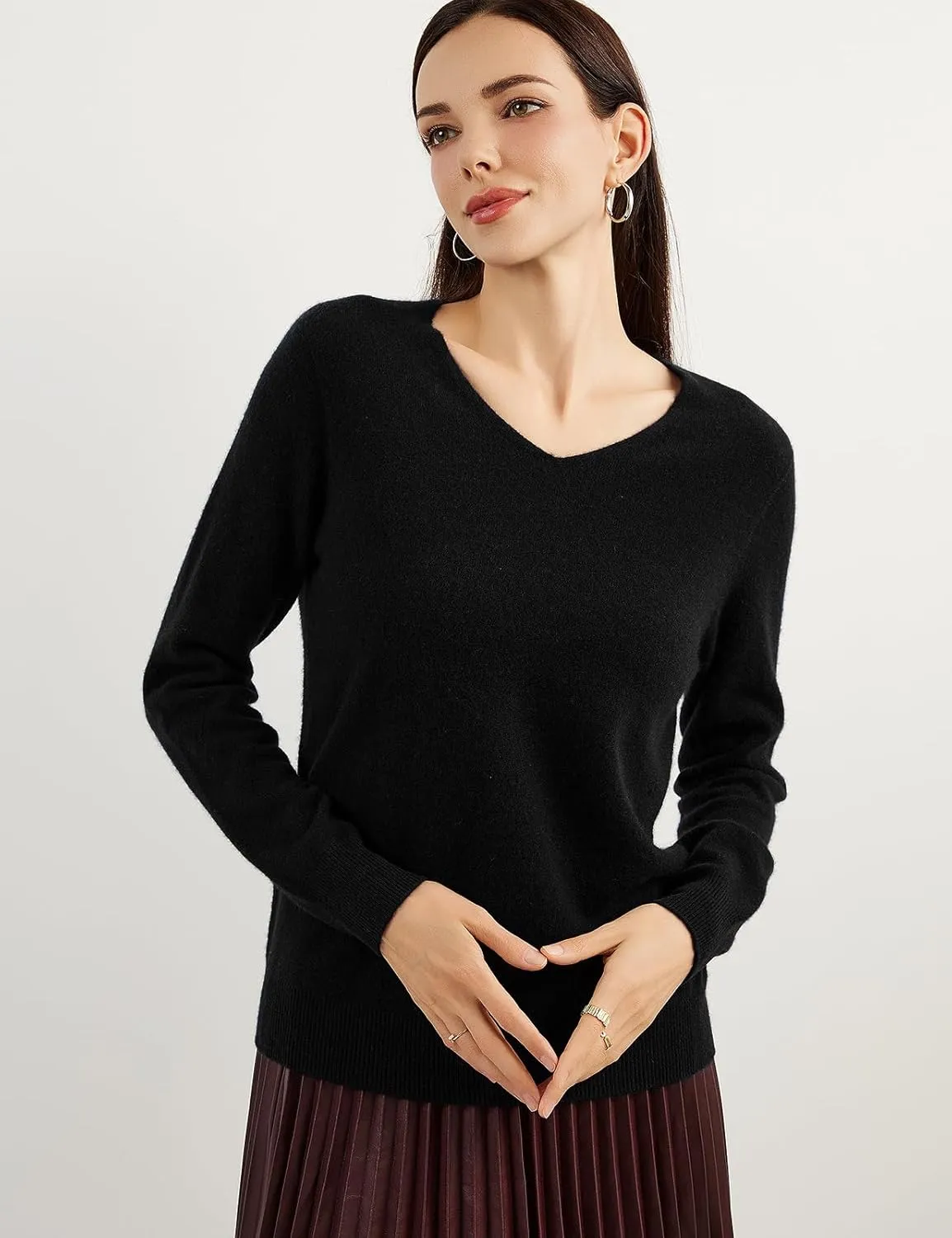 100% Pure Cashmere Women's Sweater V-Neck Long Sleeve 2025 Fall Winter Warm Soft Knit Pullover