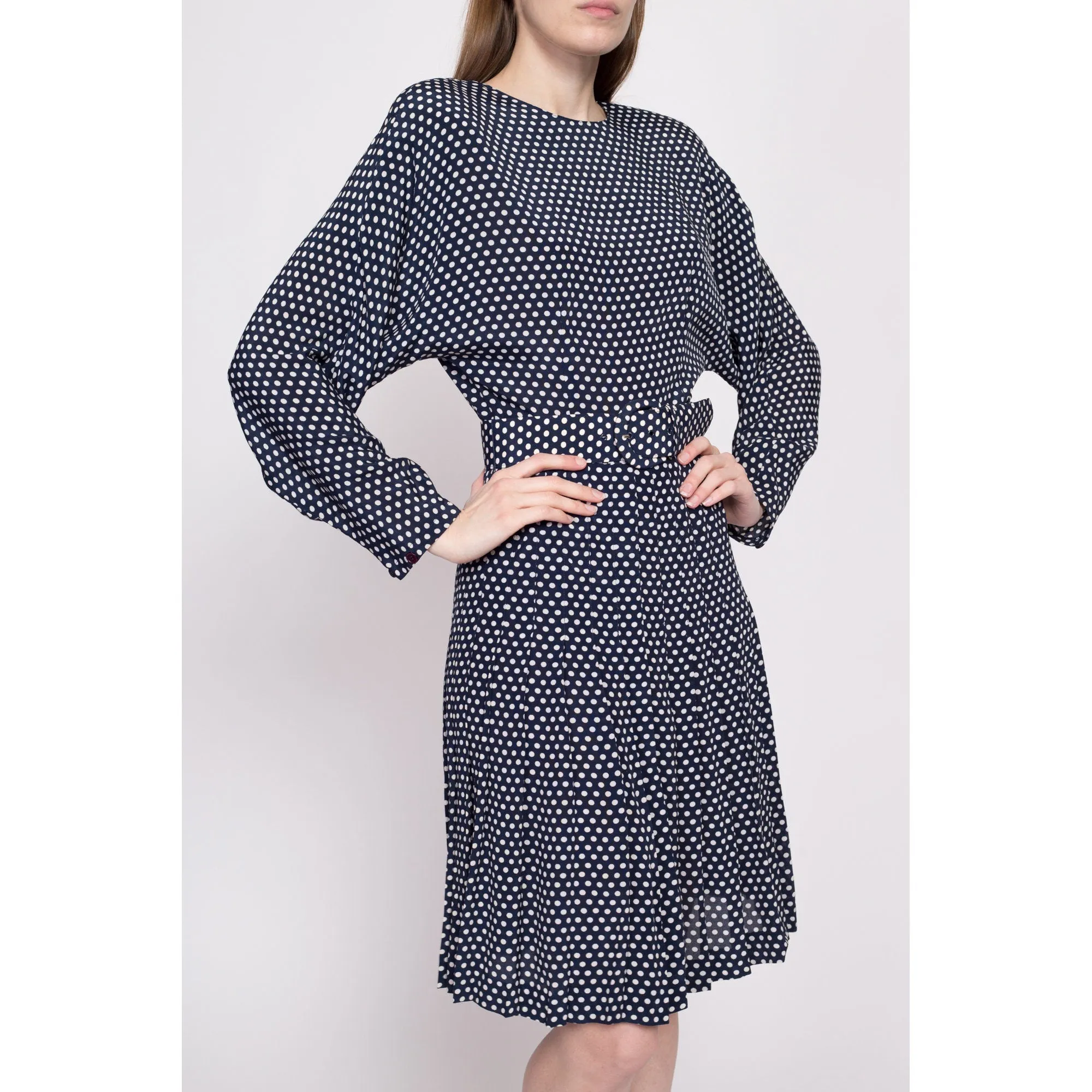 80s Polka Dot Belted Dolman Sleeve Dress - Small