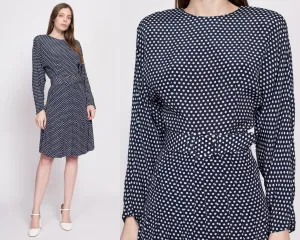 80s Polka Dot Belted Dolman Sleeve Dress - Small