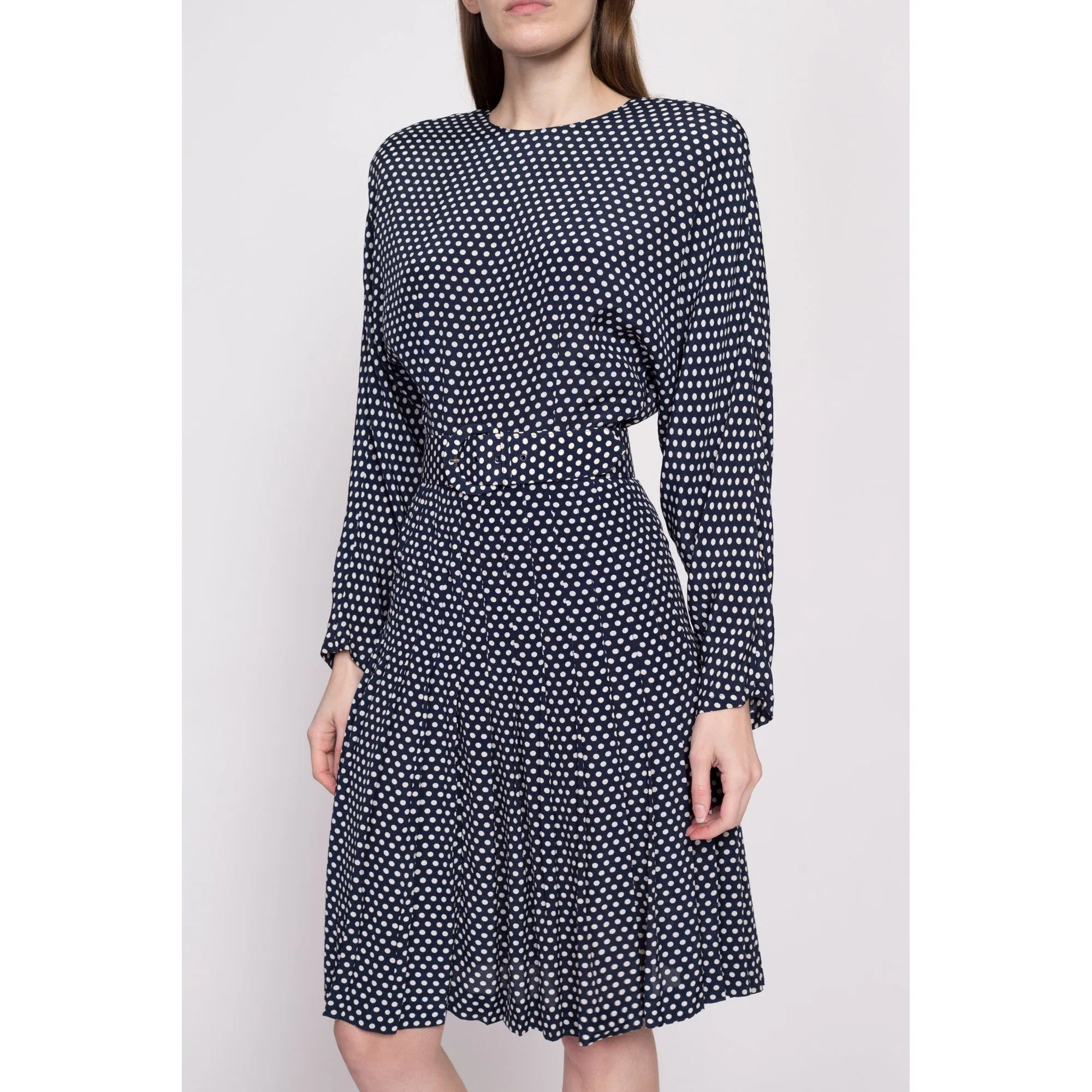 80s Polka Dot Belted Dolman Sleeve Dress - Small