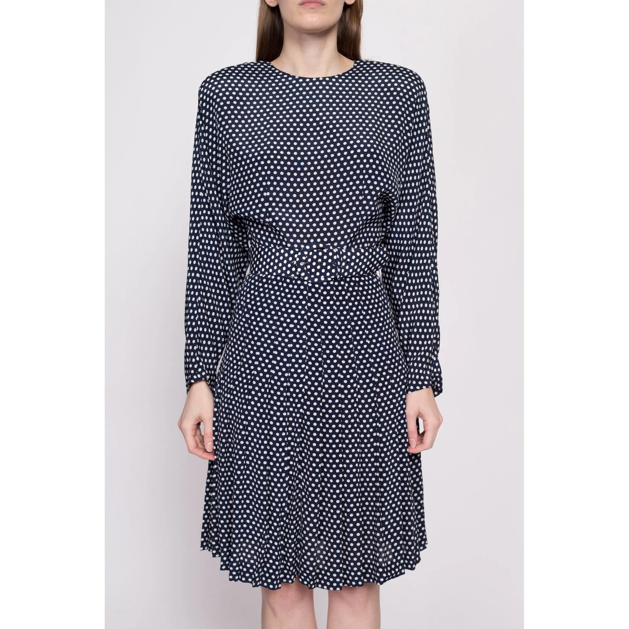 80s Polka Dot Belted Dolman Sleeve Dress - Small