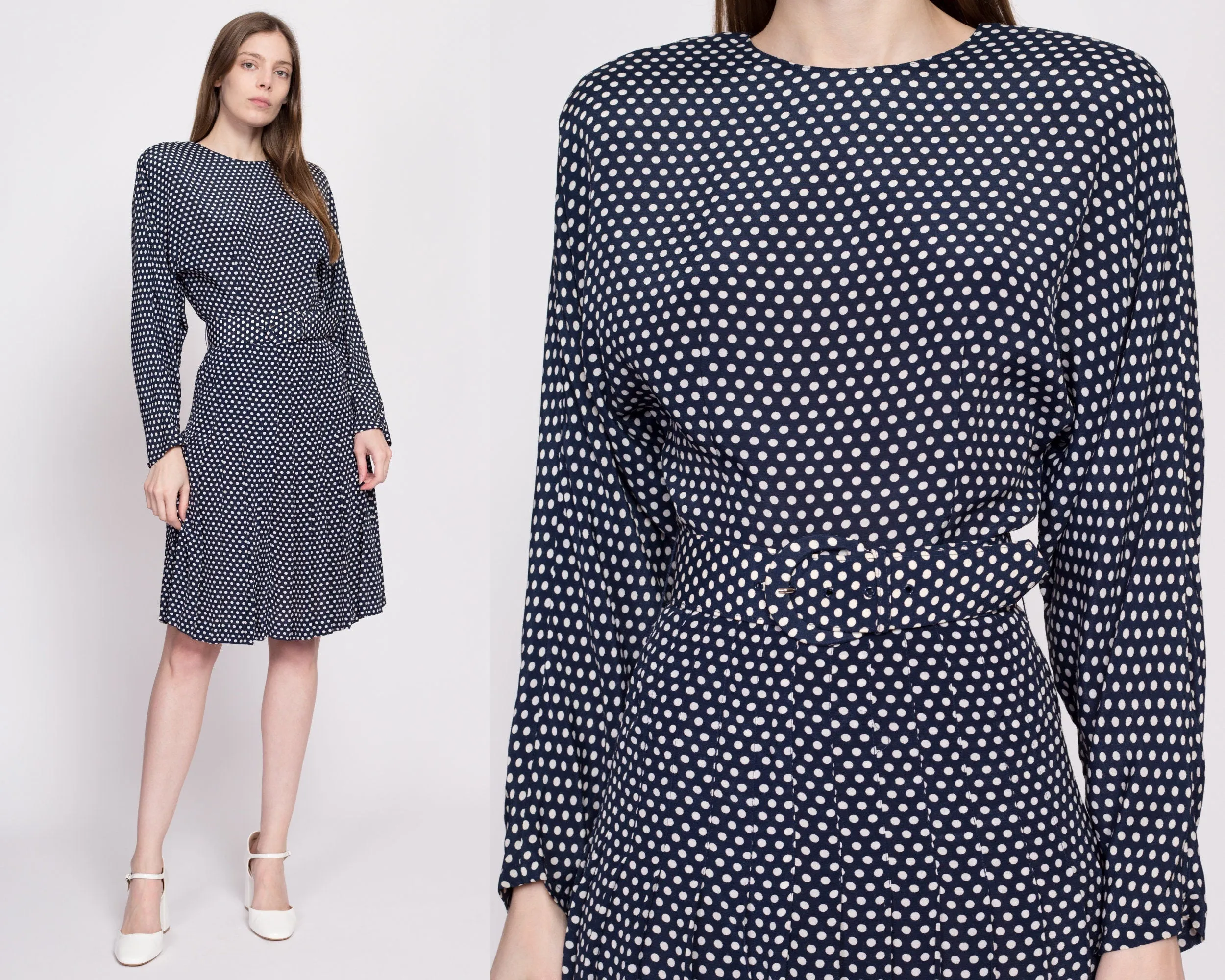 80s Polka Dot Belted Dolman Sleeve Dress - Small