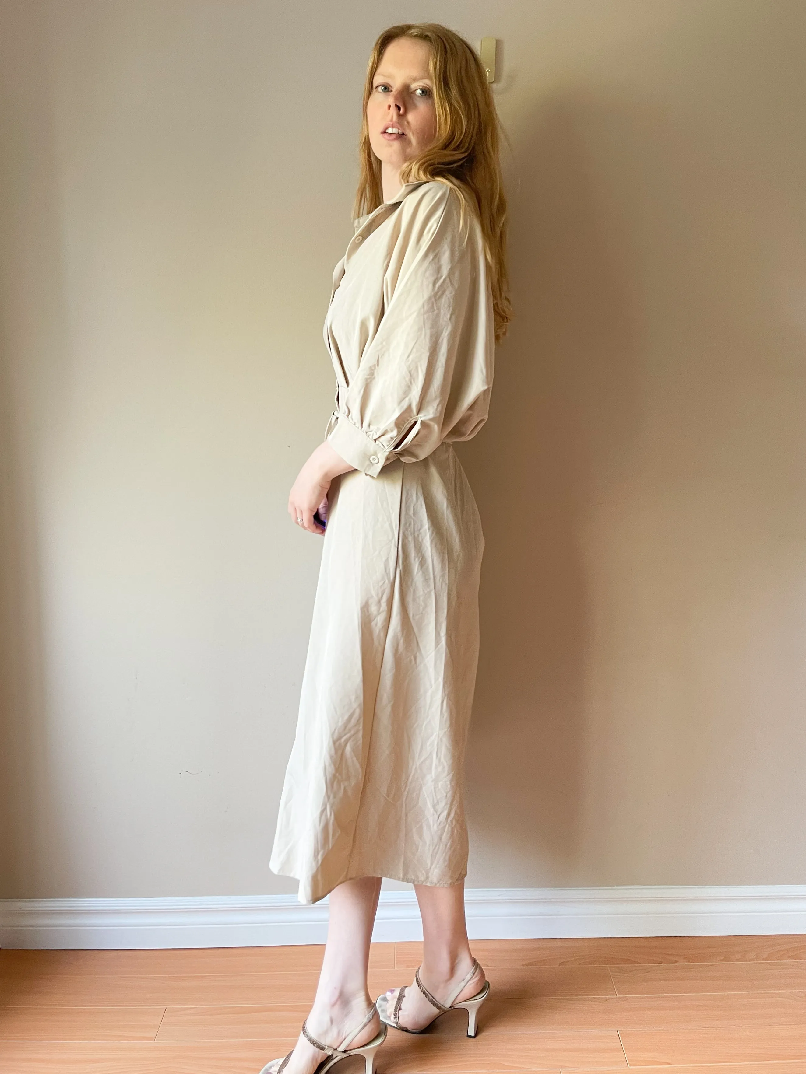 A & H.M Beige Button Front Collared Midi Dress - Small