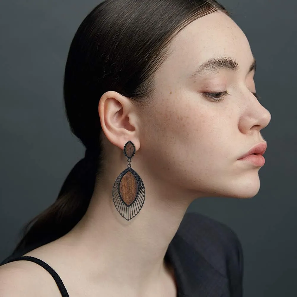 ALoveSoul Wooden Earrings for Women - Big Round Circle Geometric Wood Drop Dangle Hook Earrings