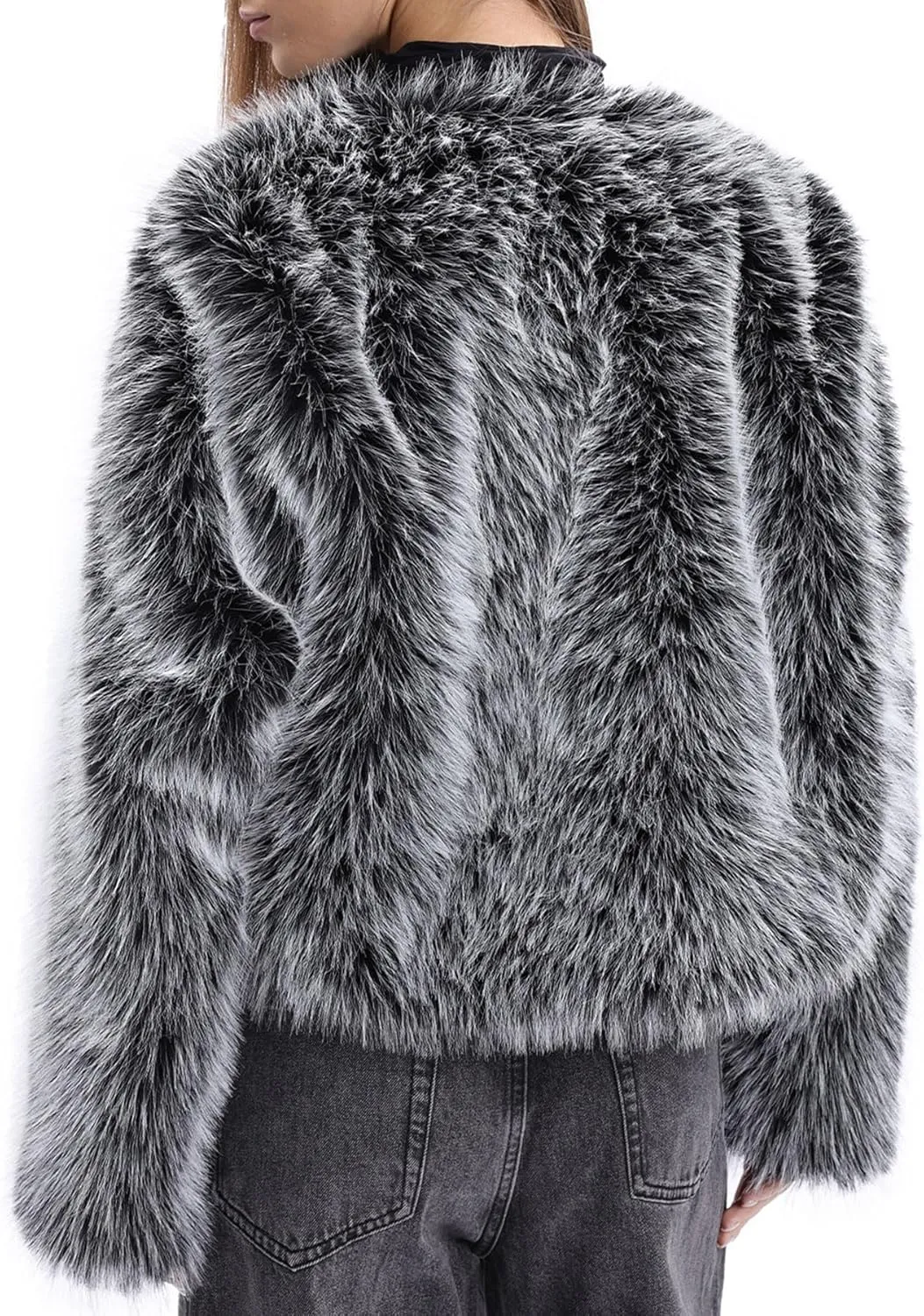 Amazhiyu Women's Faux Fur Long Sleeve Open-front Winter Cropped Coat with Pockets