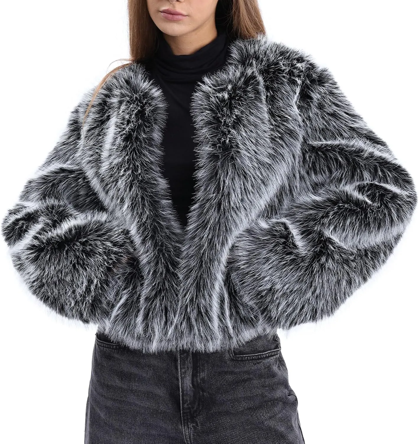 Amazhiyu Women's Faux Fur Long Sleeve Open-front Winter Cropped Coat with Pockets