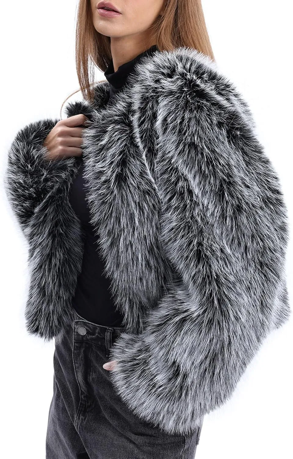 Amazhiyu Women's Faux Fur Long Sleeve Open-front Winter Cropped Coat with Pockets