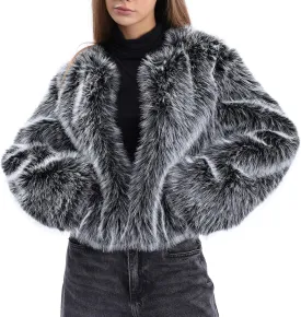 Amazhiyu Women's Faux Fur Long Sleeve Open-front Winter Cropped Coat with Pockets