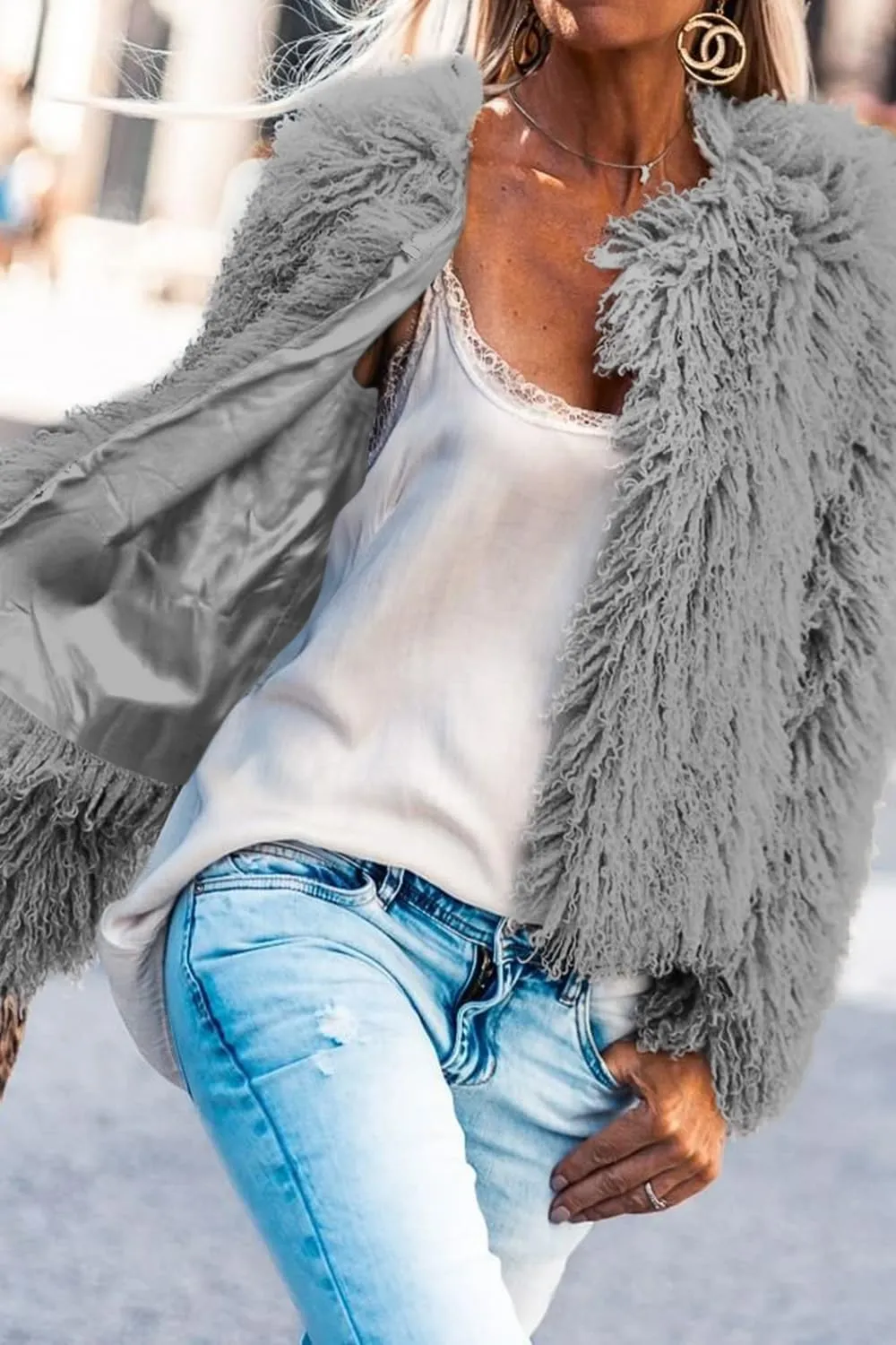 Aoang Women's 2025 Winter Coats Fleece Cropped Jacket Faux Fur Long Sleeve Shaggy Warm Outerwear Fall Clothes