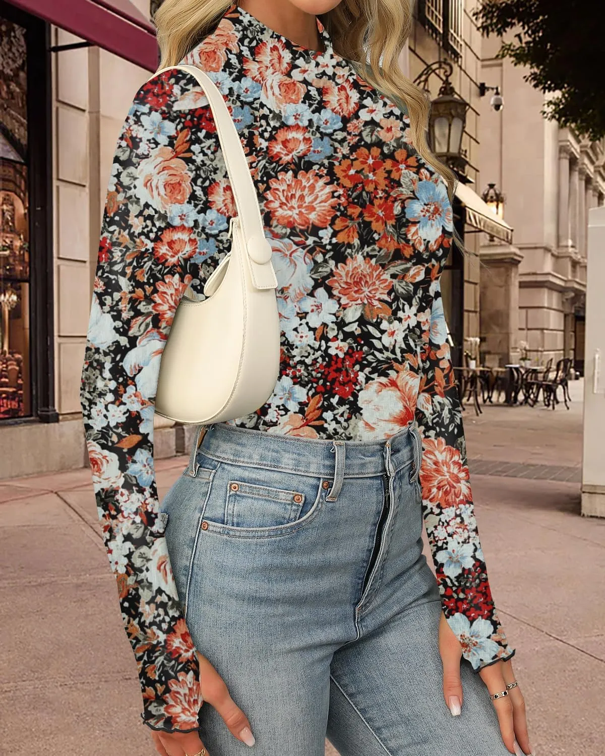 Aoulaydo Long Sleeve Floral Mesh Tops Mockneck Going Out Tops for Women Fashion Spring Outfits 2025