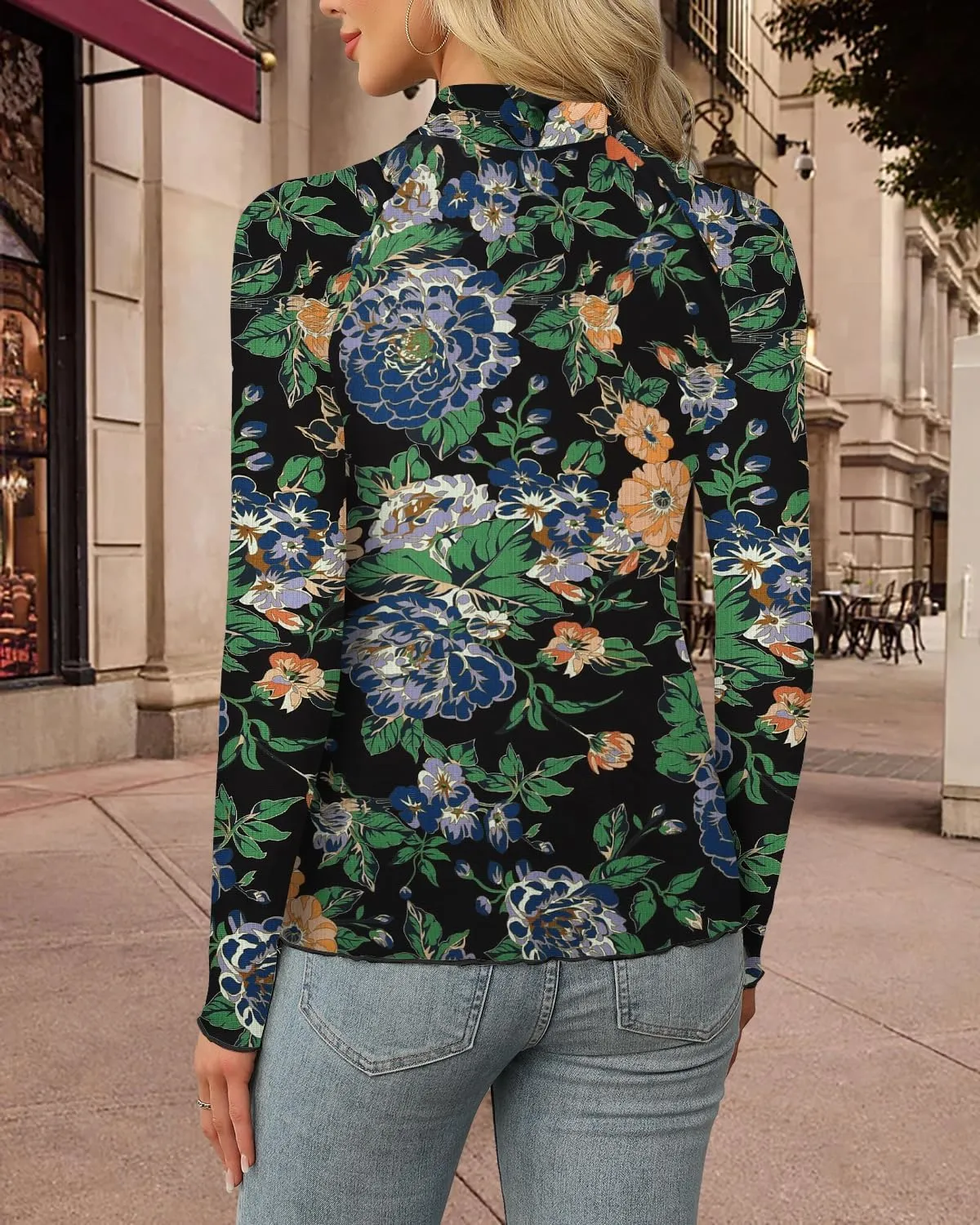 Aoulaydo Long Sleeve Floral Mesh Tops Mockneck Going Out Tops for Women Fashion Spring Outfits 2025
