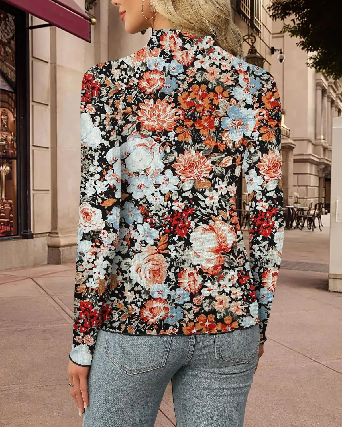 Aoulaydo Long Sleeve Floral Mesh Tops Mockneck Going Out Tops for Women Fashion Spring Outfits 2025