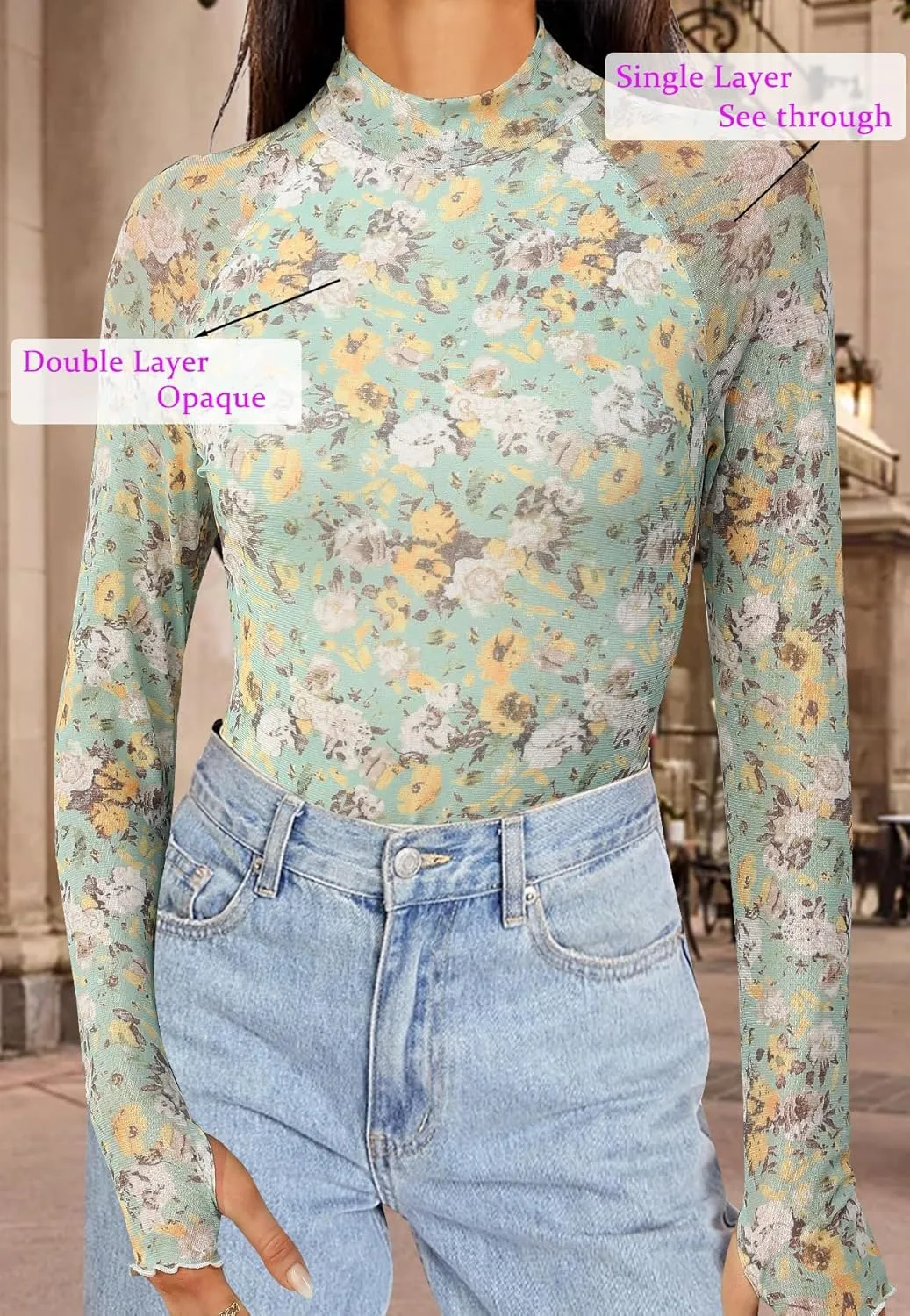 Aoulaydo Long Sleeve Floral Mesh Tops Mockneck Going Out Tops for Women Fashion Spring Outfits 2025