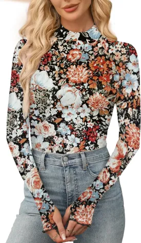 Aoulaydo Long Sleeve Floral Mesh Tops Mockneck Going Out Tops for Women Fashion Spring Outfits 2025