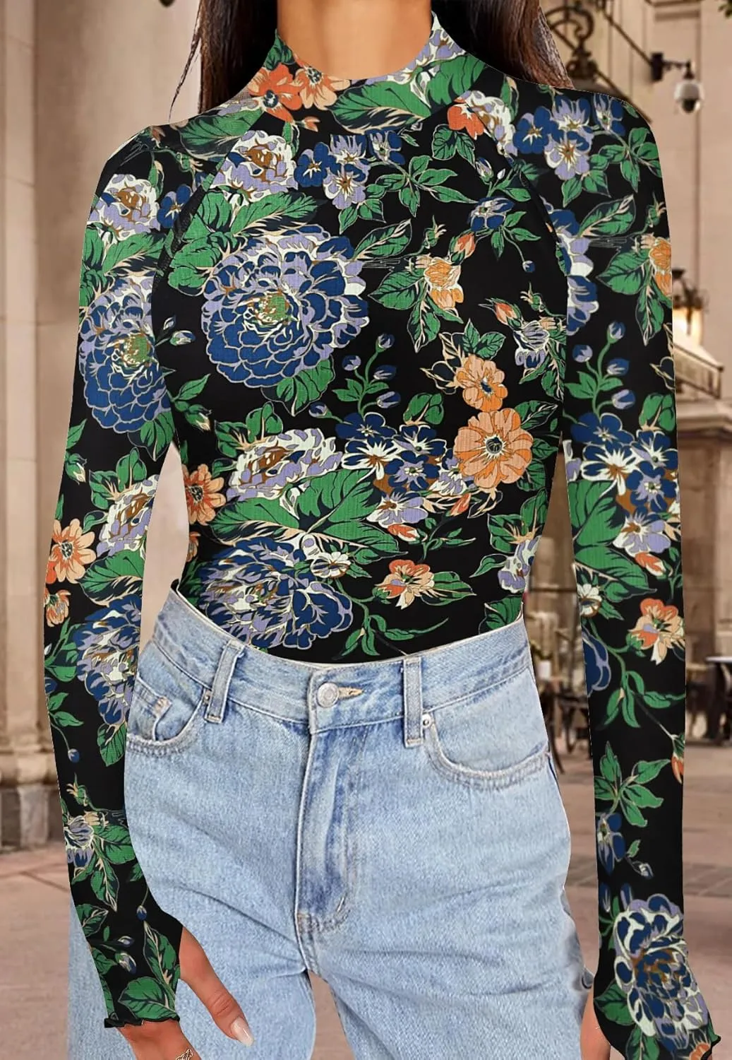Aoulaydo Long Sleeve Floral Mesh Tops Mockneck Going Out Tops for Women Fashion Spring Outfits 2025