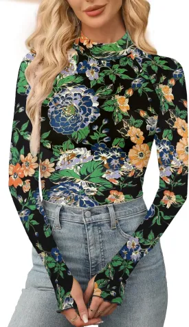 Aoulaydo Long Sleeve Floral Mesh Tops Mockneck Going Out Tops for Women Fashion Spring Outfits 2025