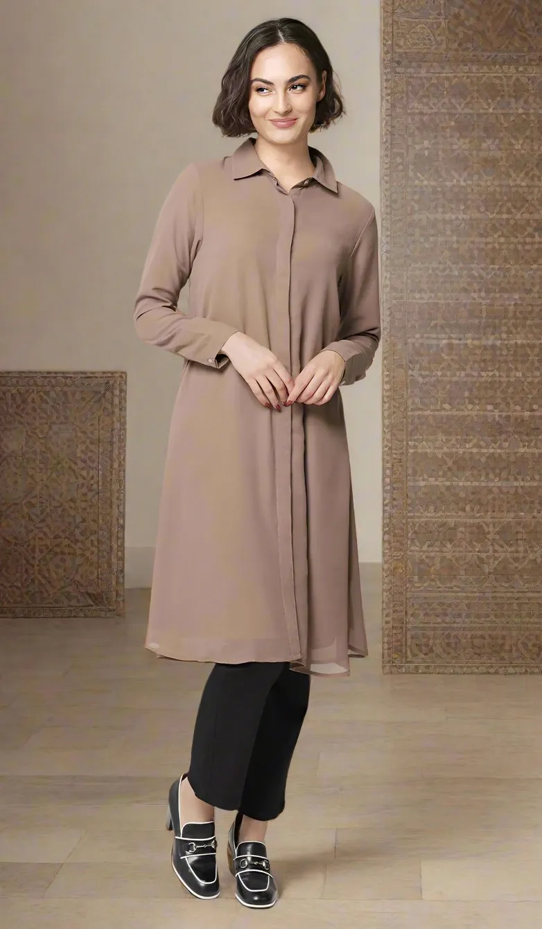 Asra Long Flowy Buttondown Shirt Jacket - Mocha - PREORDER (ships in 2 weeks)