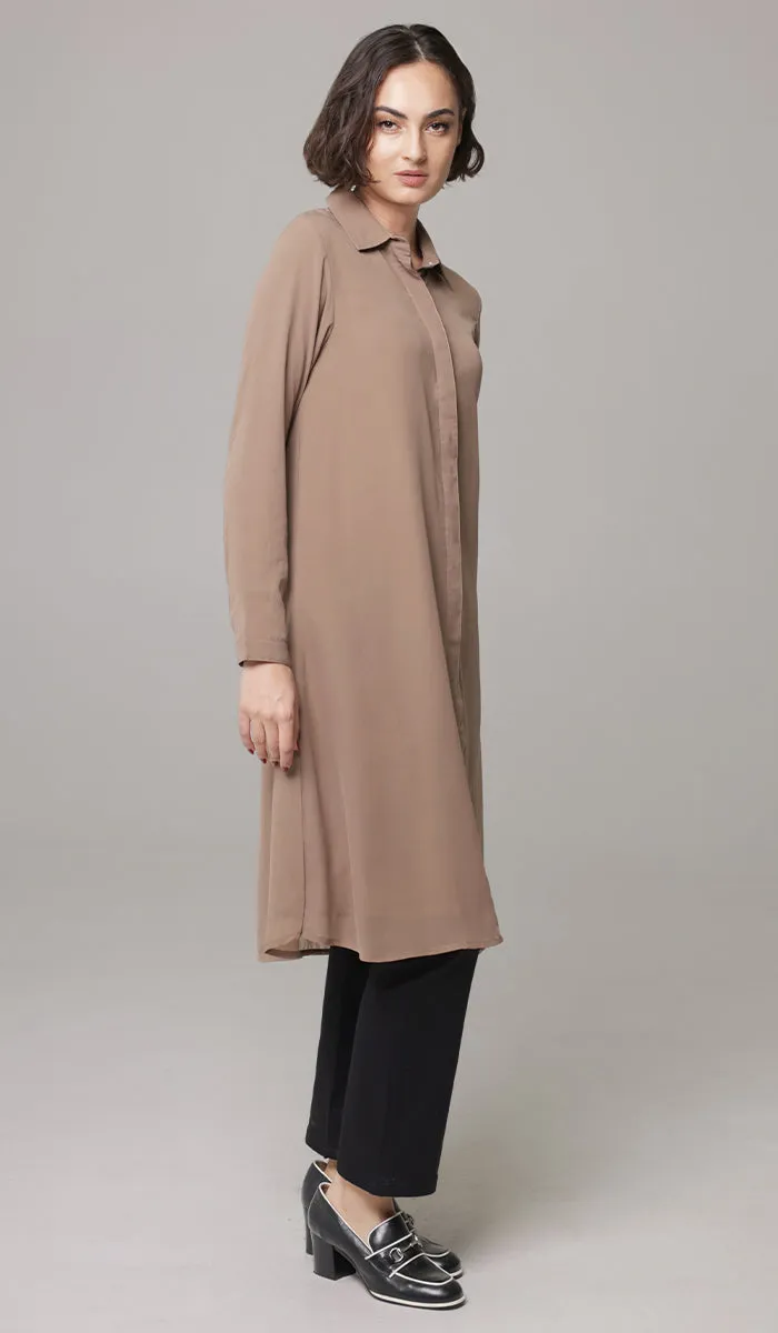 Asra Long Flowy Buttondown Shirt Jacket - Mocha - PREORDER (ships in 2 weeks)