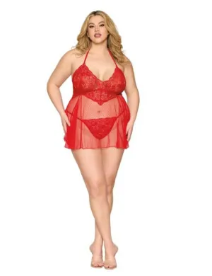 Babydoll & G-String Set - Poinsettia Q/S | Stretch Lace Bodice, Dot Mesh Skirt