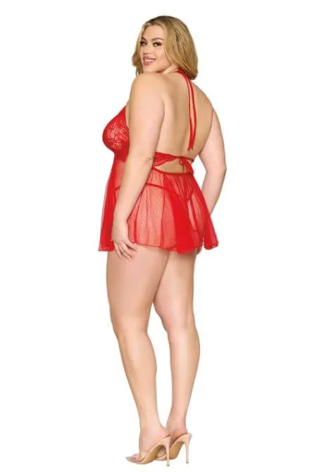 Babydoll & G-String Set - Poinsettia Q/S | Stretch Lace Bodice, Dot Mesh Skirt