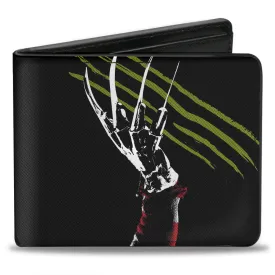 Bi-Fold Wallet - A Nightmare on Elm Street Freddy's Hand Scratching   Logo Black White Green Reds