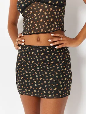 Black Kitsch Print Ruched Flippy Mini Skirt