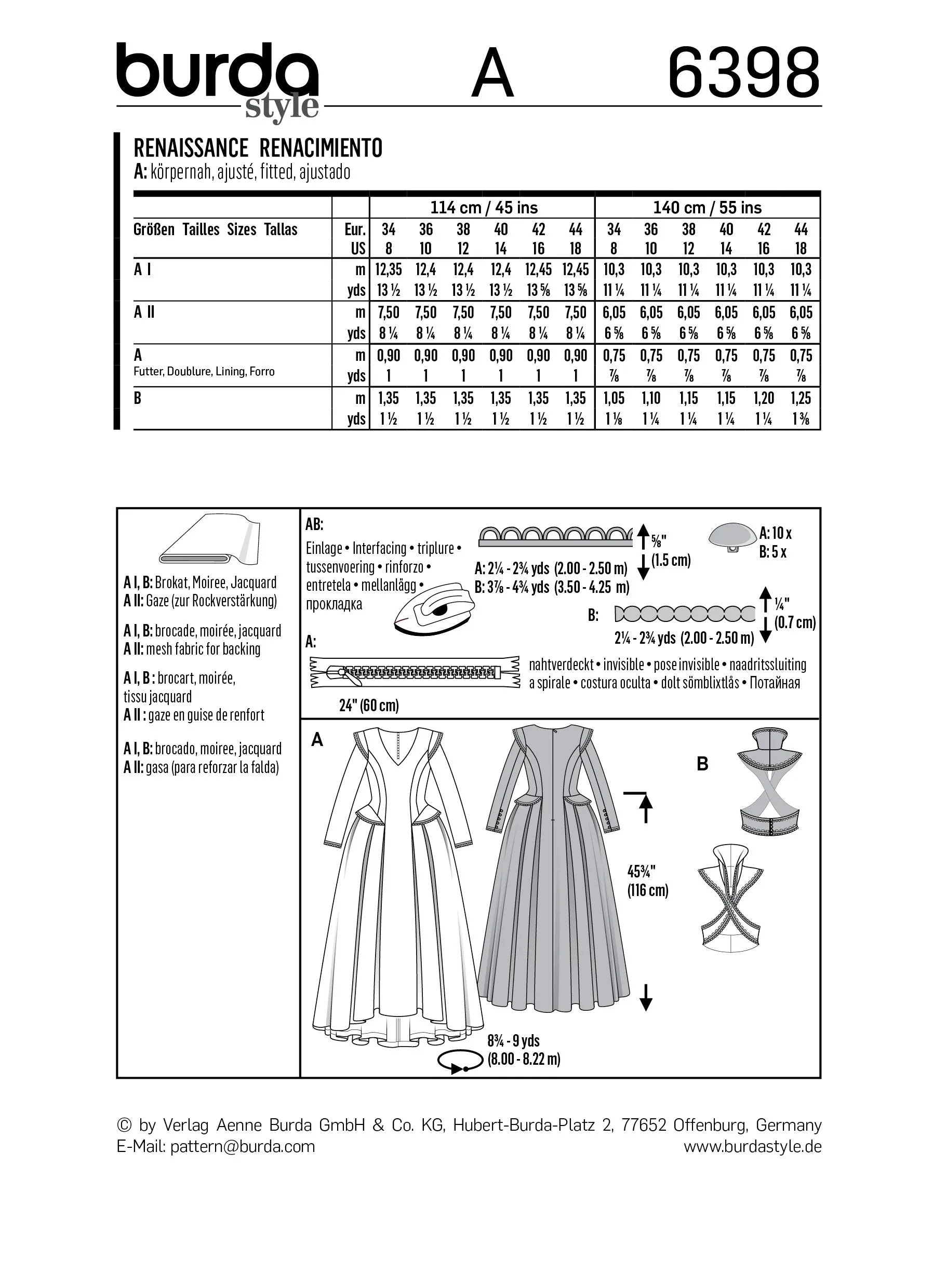 Burda 6398 Women's Renaissance Dress Pattern