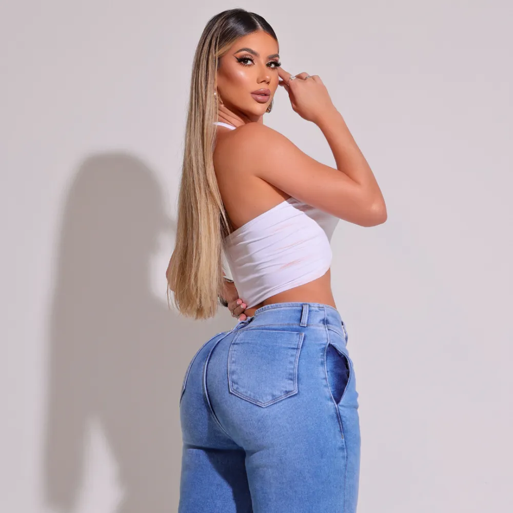 Calça Jeans Feminina Wide Leg Modeladora c/ Elastano Marselha - RX004003