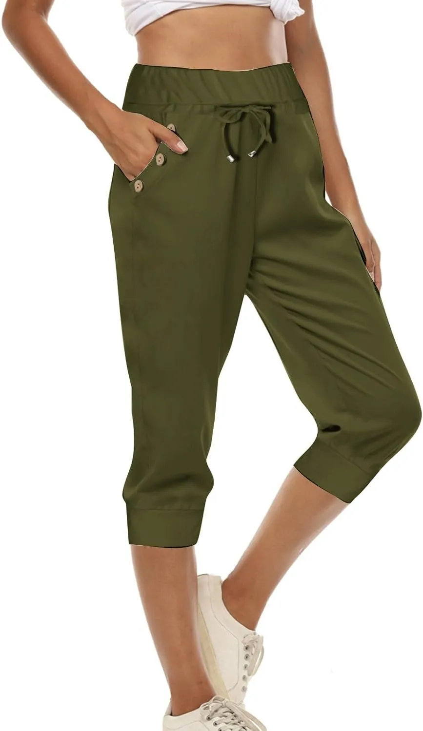 Capri Joggers Womens Fashion 2025 Trendy Elastic Drawstring High Waisted Capris Casual Summer Stretch Active Pants