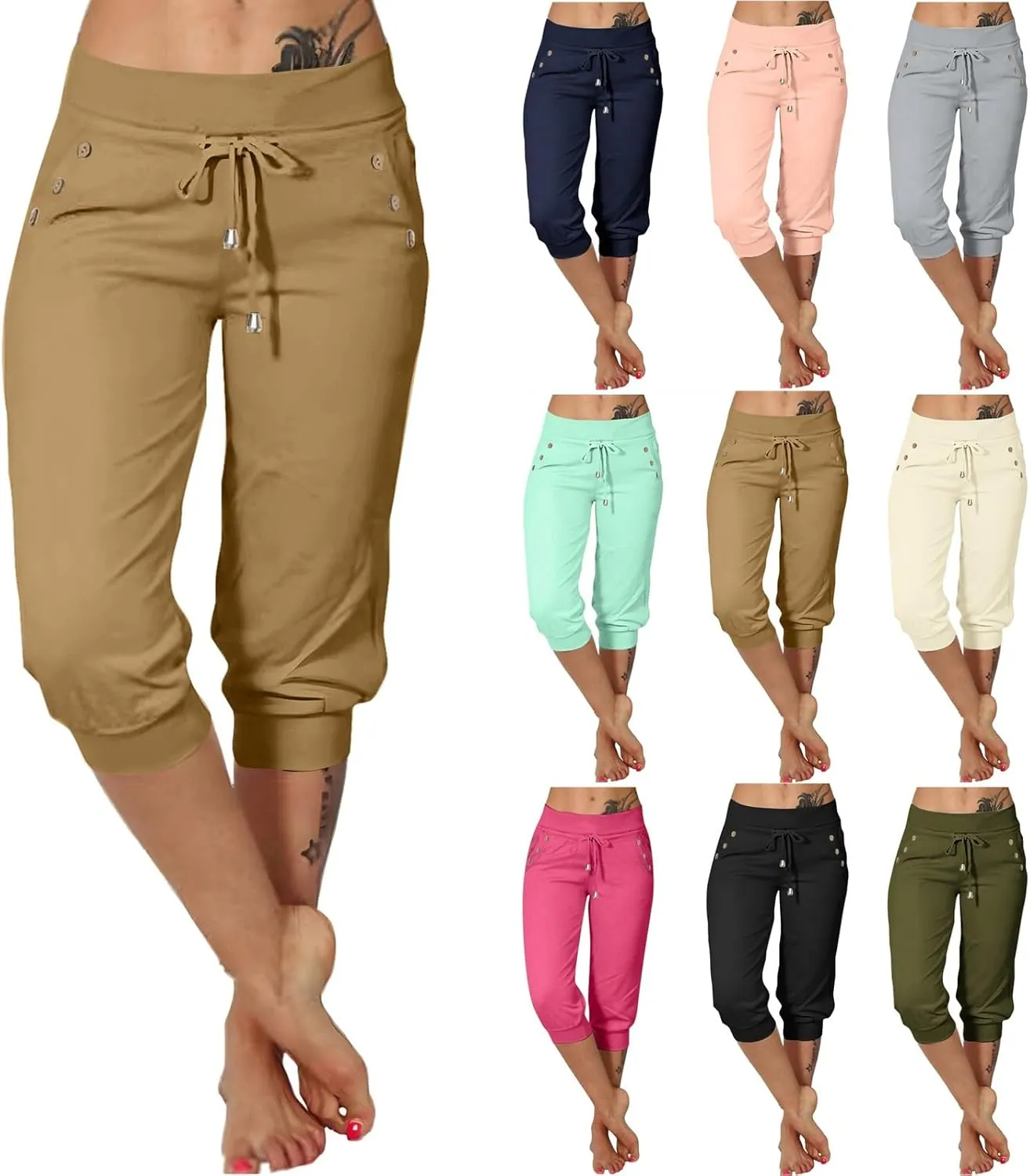 Capri Joggers Womens Fashion 2025 Trendy Elastic Drawstring High Waisted Capris Casual Summer Stretch Active Pants