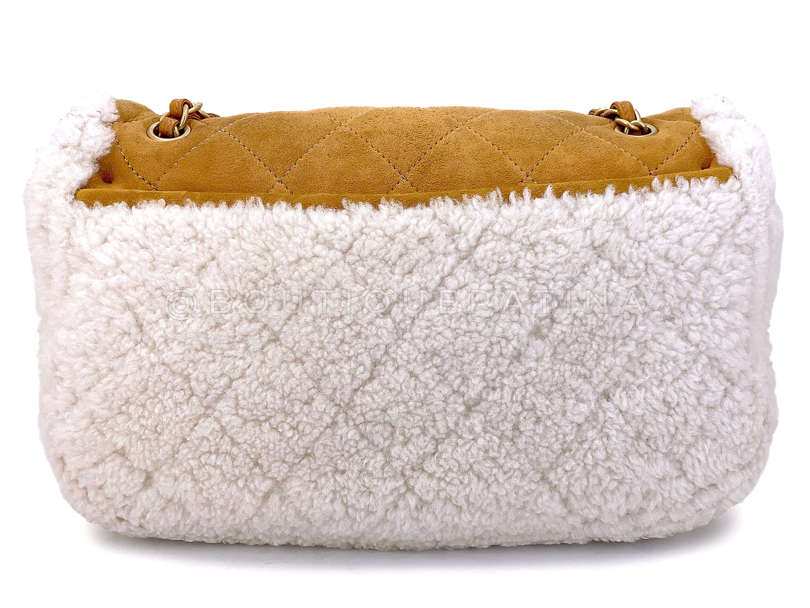 Chanel 2018 Coco Neige Jumbo Camel Caramel Suede Shearling Flap Bag A54