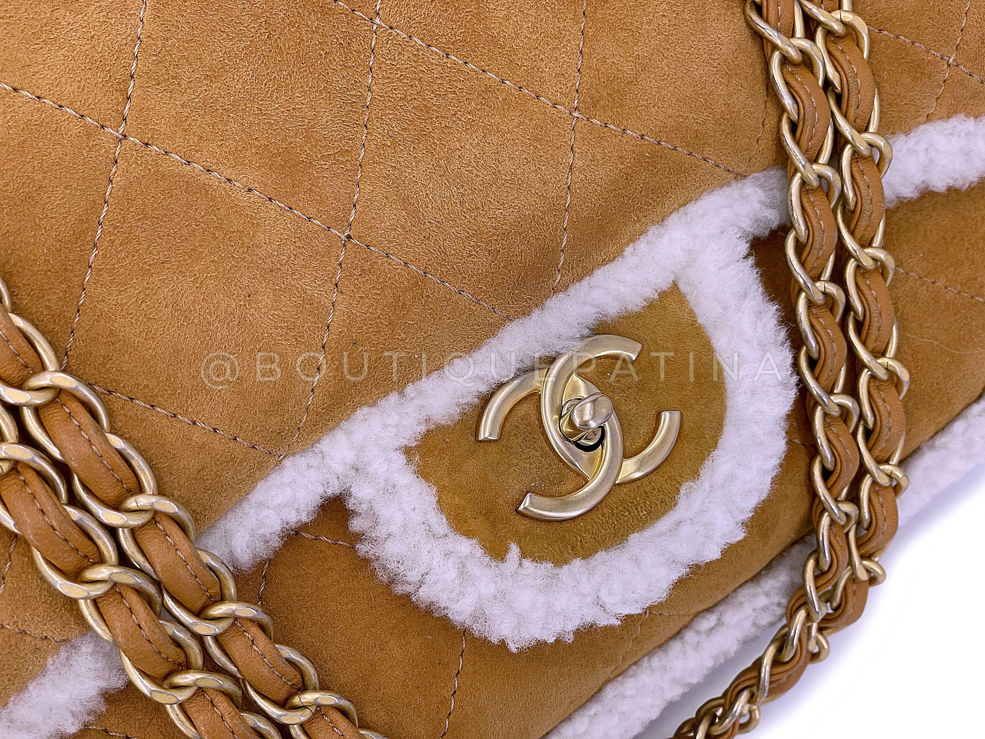 Chanel 2018 Coco Neige Jumbo Camel Caramel Suede Shearling Flap Bag A54