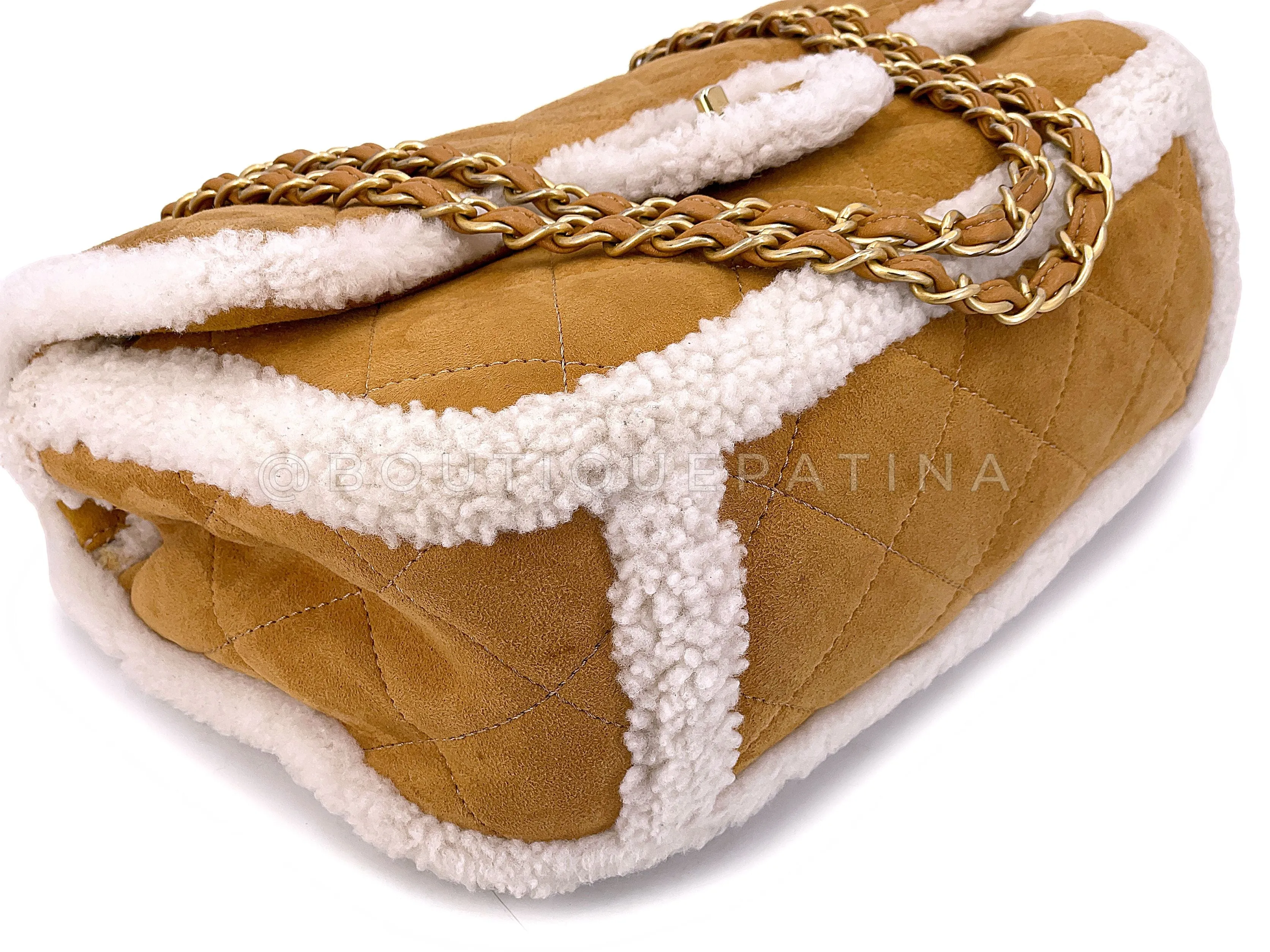 Chanel 2018 Coco Neige Jumbo Camel Caramel Suede Shearling Flap Bag A54