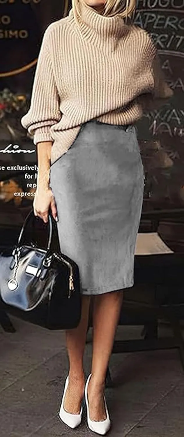 CHARTOU Womens Lightweight Elastic-Waist Faux Suede Leather Side Split Hip Packaged Skirt
