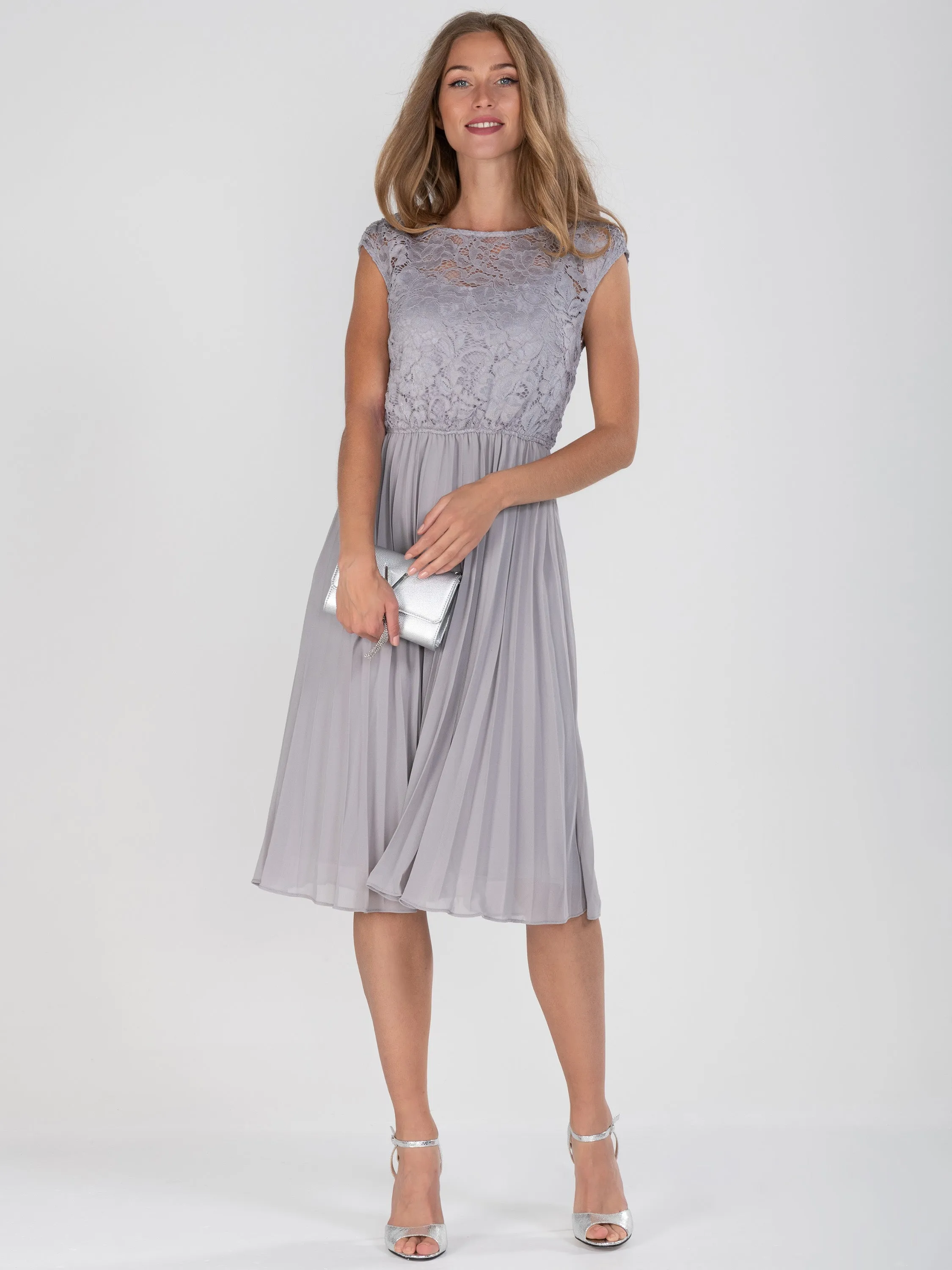 Cindy Lace Bodice Pleated Dress, Silver Grey