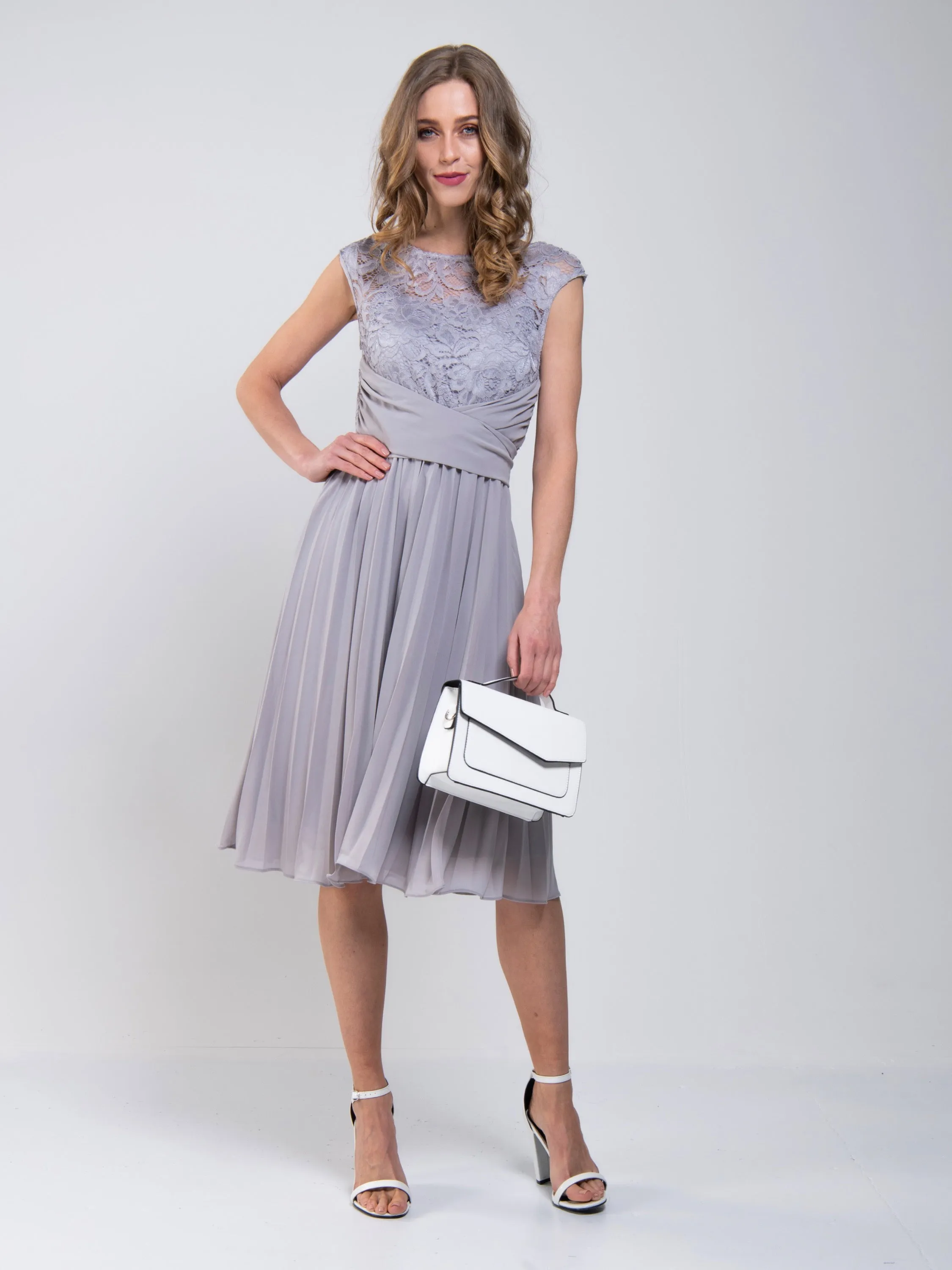 Cindy Lace Bodice Pleated Dress, Silver Grey