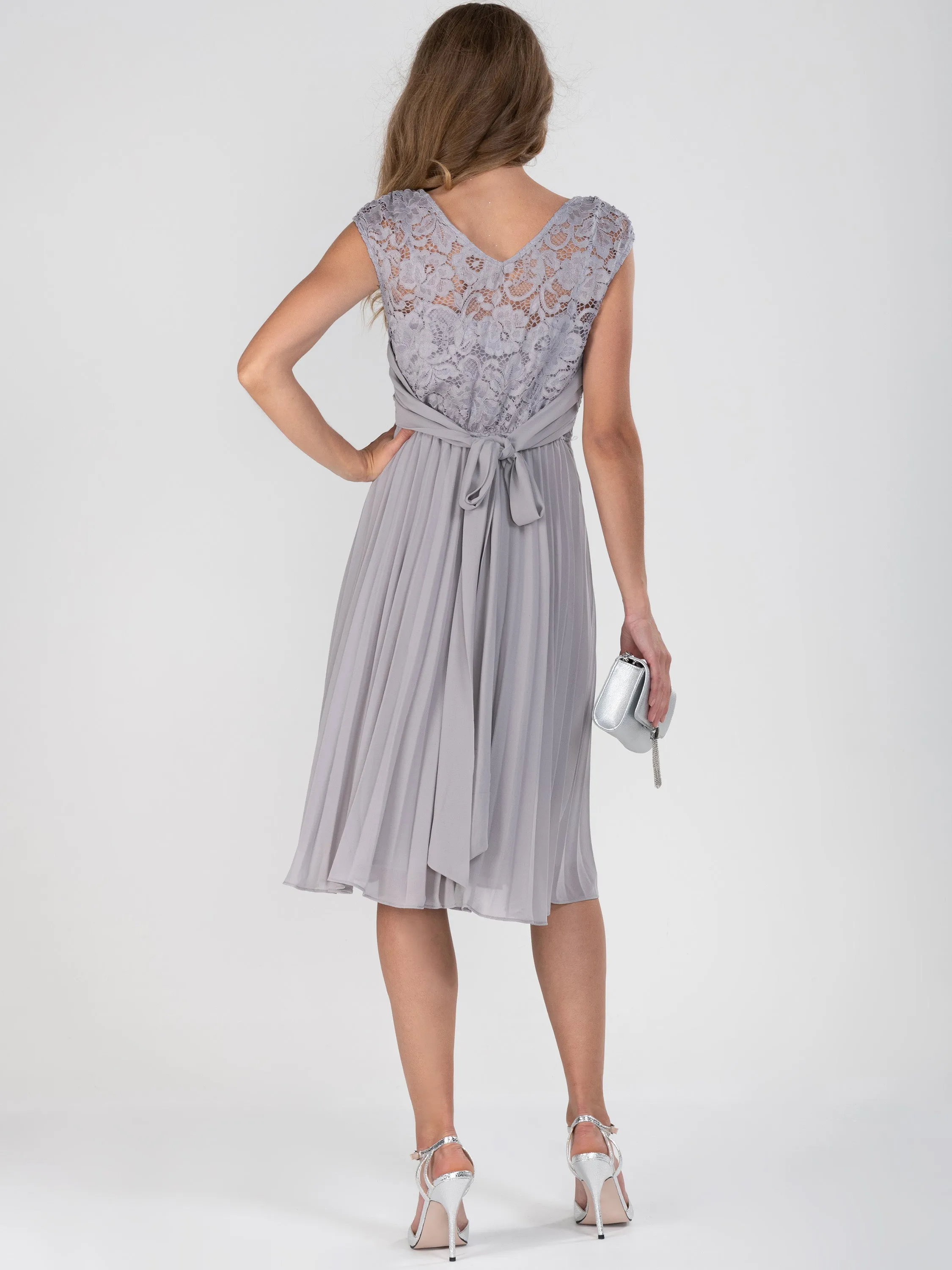 Cindy Lace Bodice Pleated Dress, Silver Grey