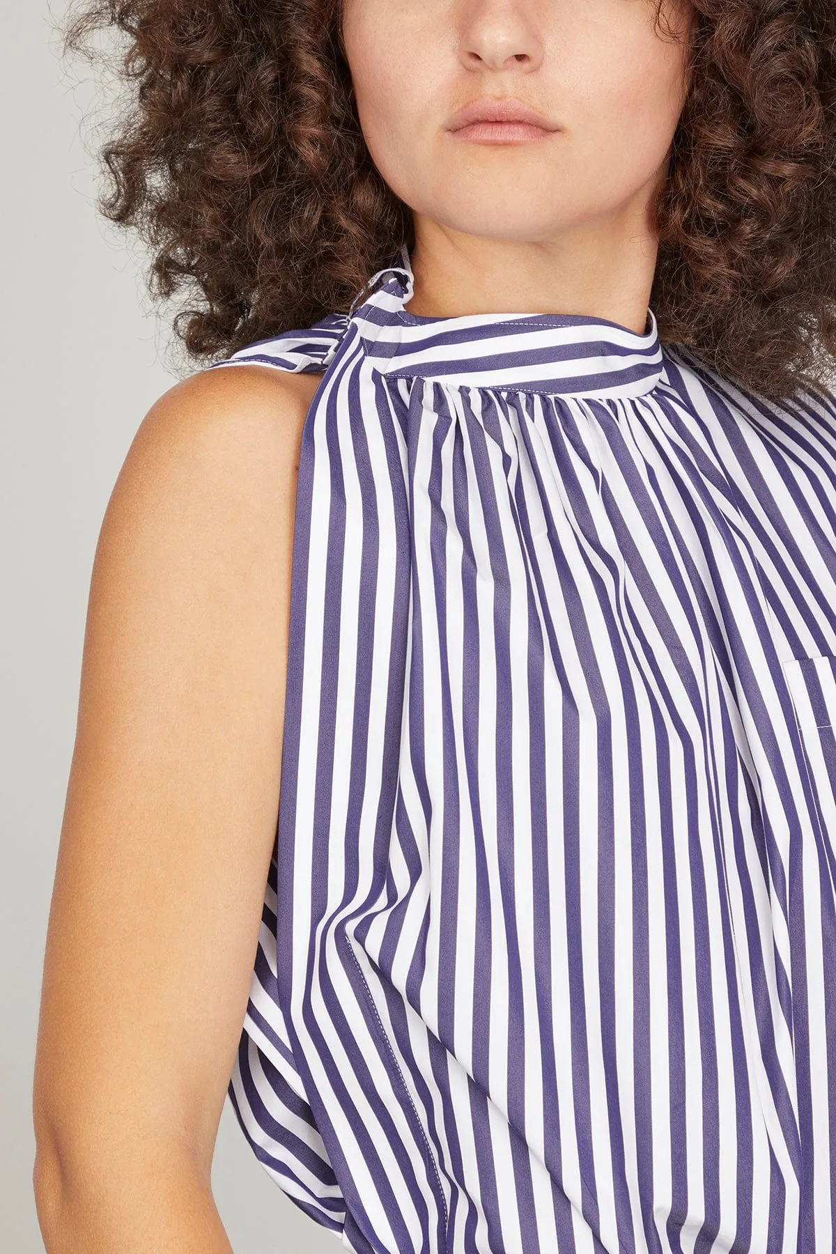 Cotton Poplin Dress in Navy Stripe x Navy