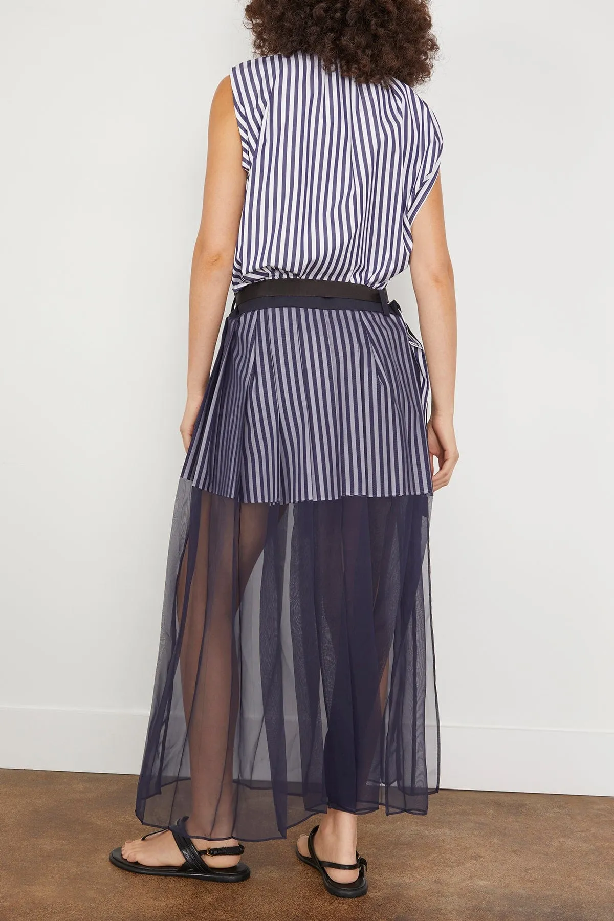 Cotton Poplin Dress in Navy Stripe x Navy