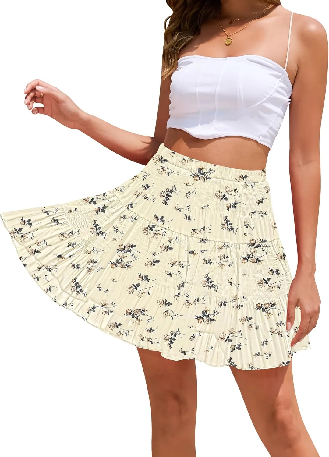 CYiNu Short Skirts for Women Summer Boho Flowy A Line Chiffon Tiered Pleated Mini Skirt