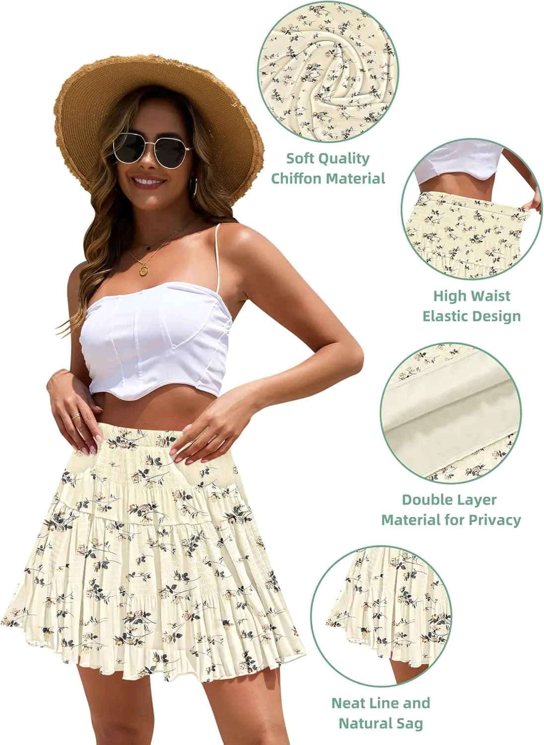 CYiNu Short Skirts for Women Summer Boho Flowy A Line Chiffon Tiered Pleated Mini Skirt