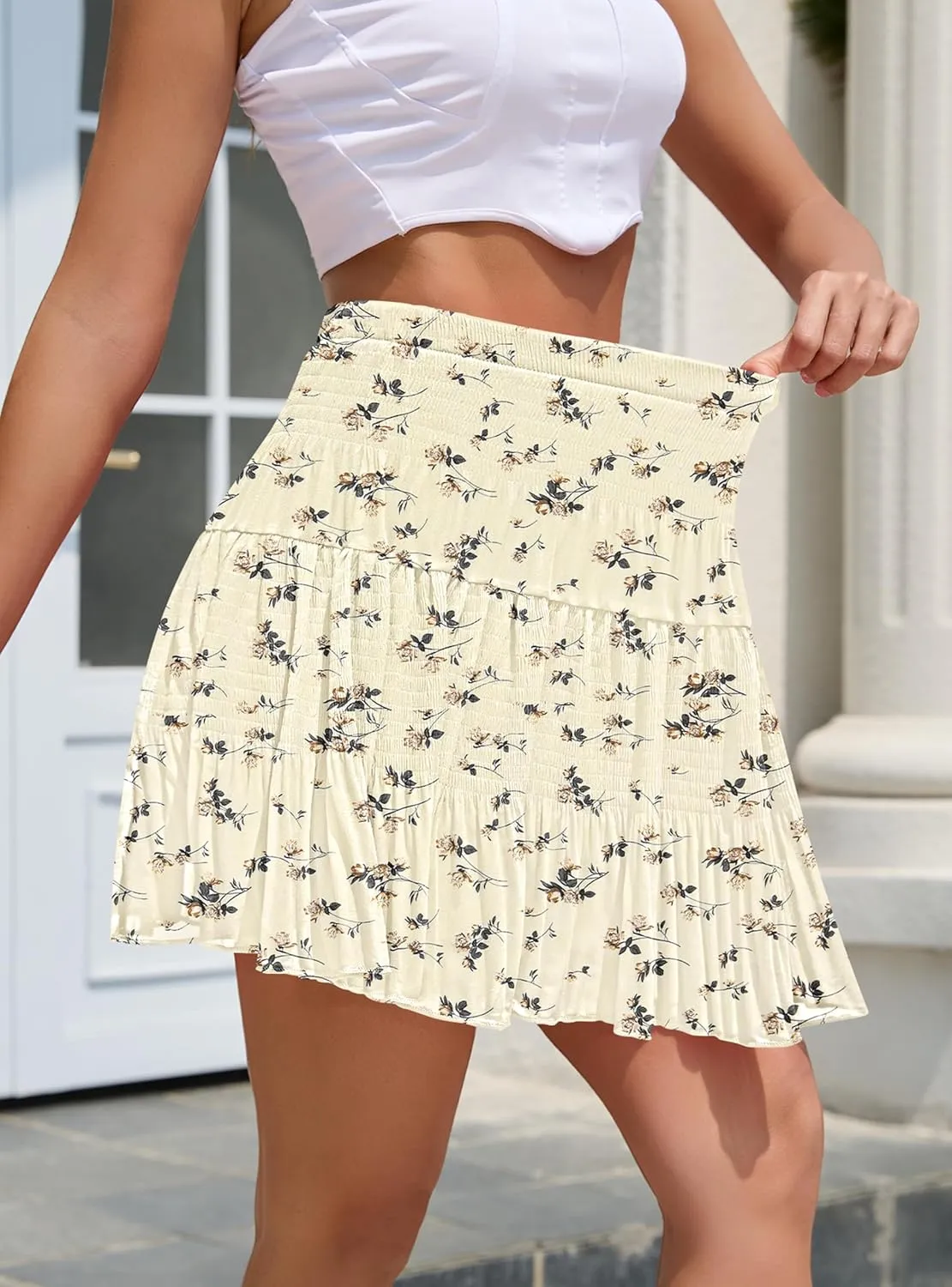 CYiNu Short Skirts for Women Summer Boho Flowy A Line Chiffon Tiered Pleated Mini Skirt