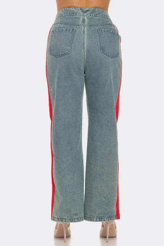 Denim Blue Stripe Denim Straight Leg Jeans