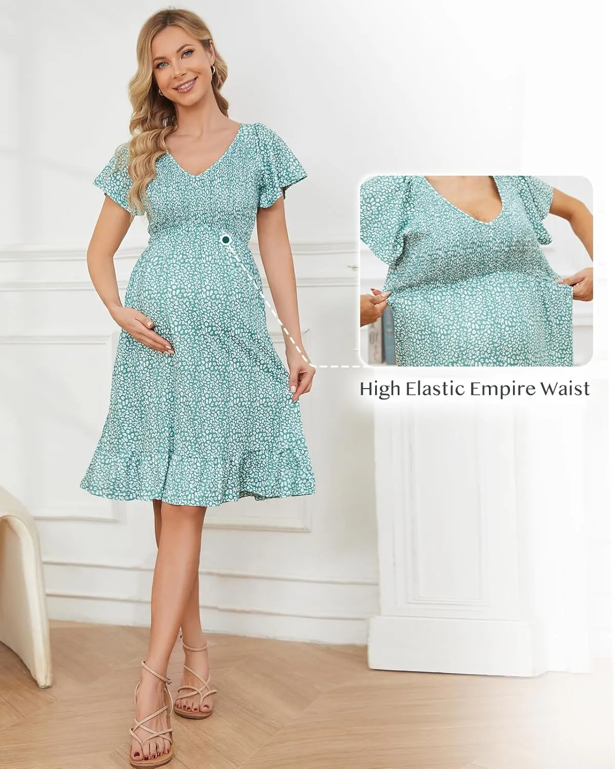 Domee Maternity Dress Floral Print V-Neck Midi A-Line Shirred Short Sleeves Ruffled Flowy Summer Boho Baby Shower Photoshoot