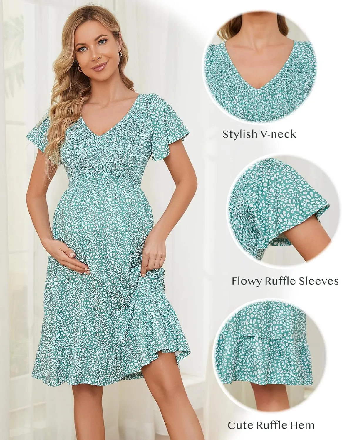 Domee Maternity Dress Floral Print V-Neck Midi A-Line Shirred Short Sleeves Ruffled Flowy Summer Boho Baby Shower Photoshoot