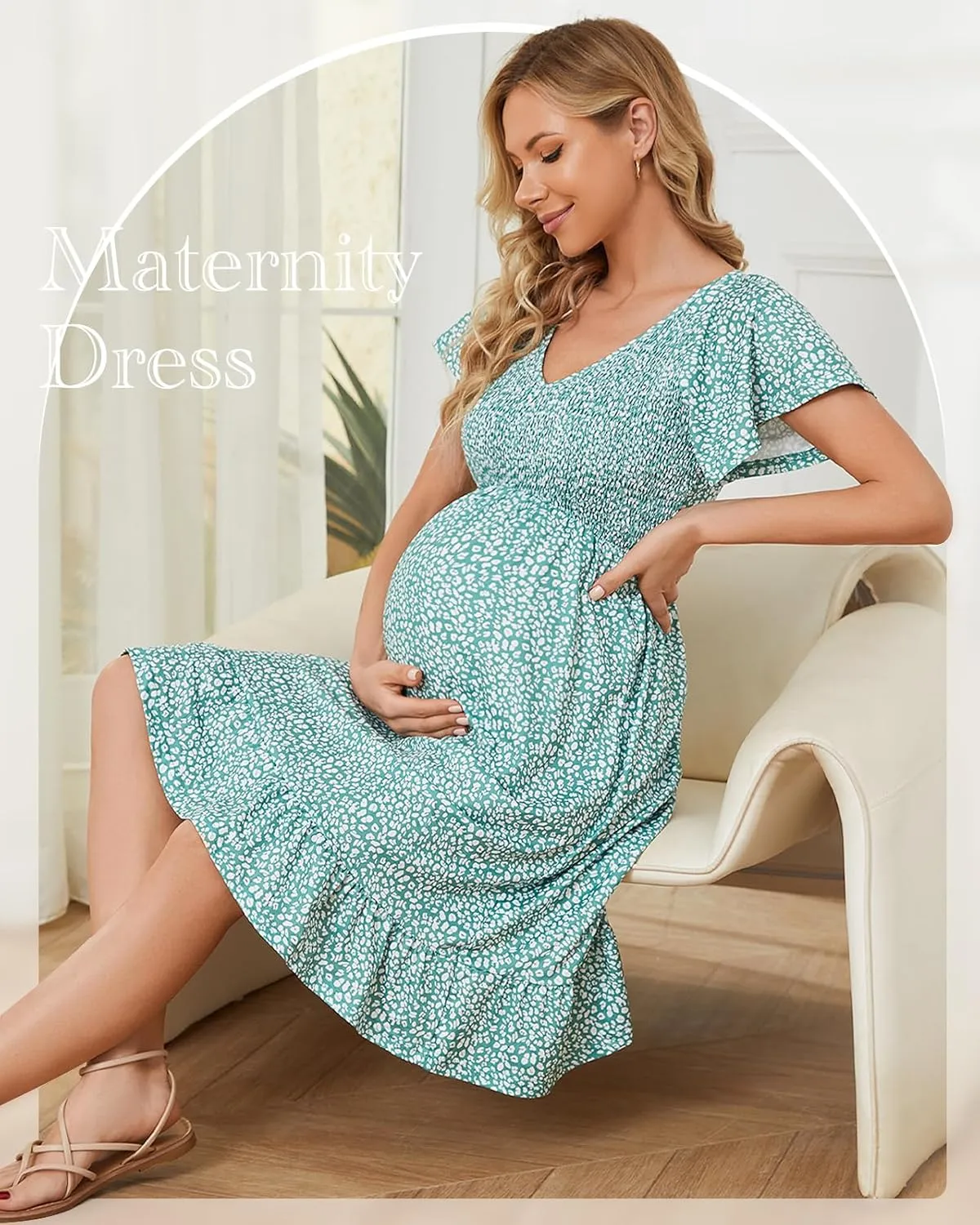 Domee Maternity Dress Floral Print V-Neck Midi A-Line Shirred Short Sleeves Ruffled Flowy Summer Boho Baby Shower Photoshoot