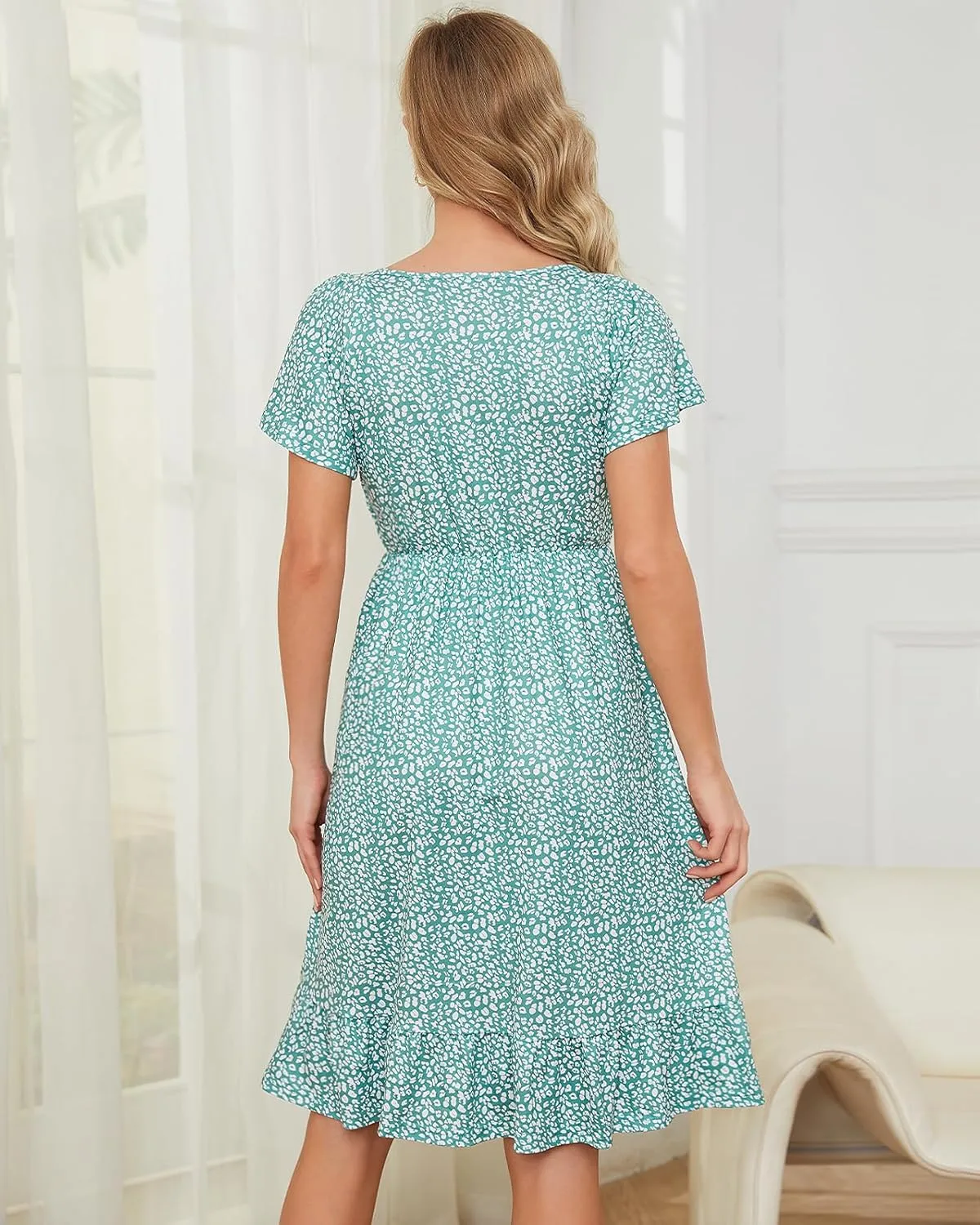 Domee Maternity Dress Floral Print V-Neck Midi A-Line Shirred Short Sleeves Ruffled Flowy Summer Boho Baby Shower Photoshoot