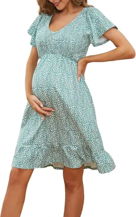 Domee Maternity Dress Floral Print V-Neck Midi A-Line Shirred Short Sleeves Ruffled Flowy Summer Boho Baby Shower Photoshoot