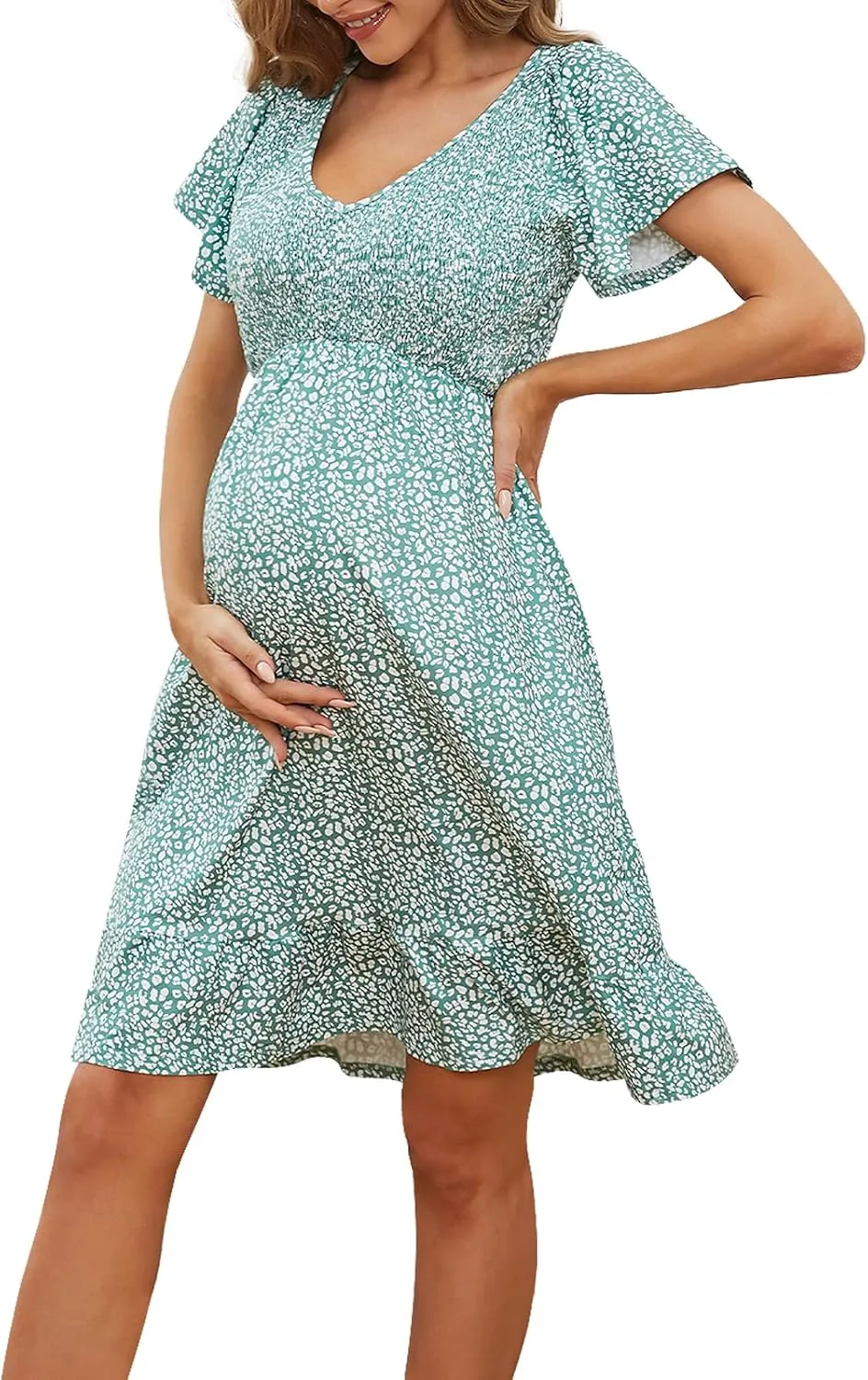 Domee Maternity Dress Floral Print V-Neck Midi A-Line Shirred Short Sleeves Ruffled Flowy Summer Boho Baby Shower Photoshoot