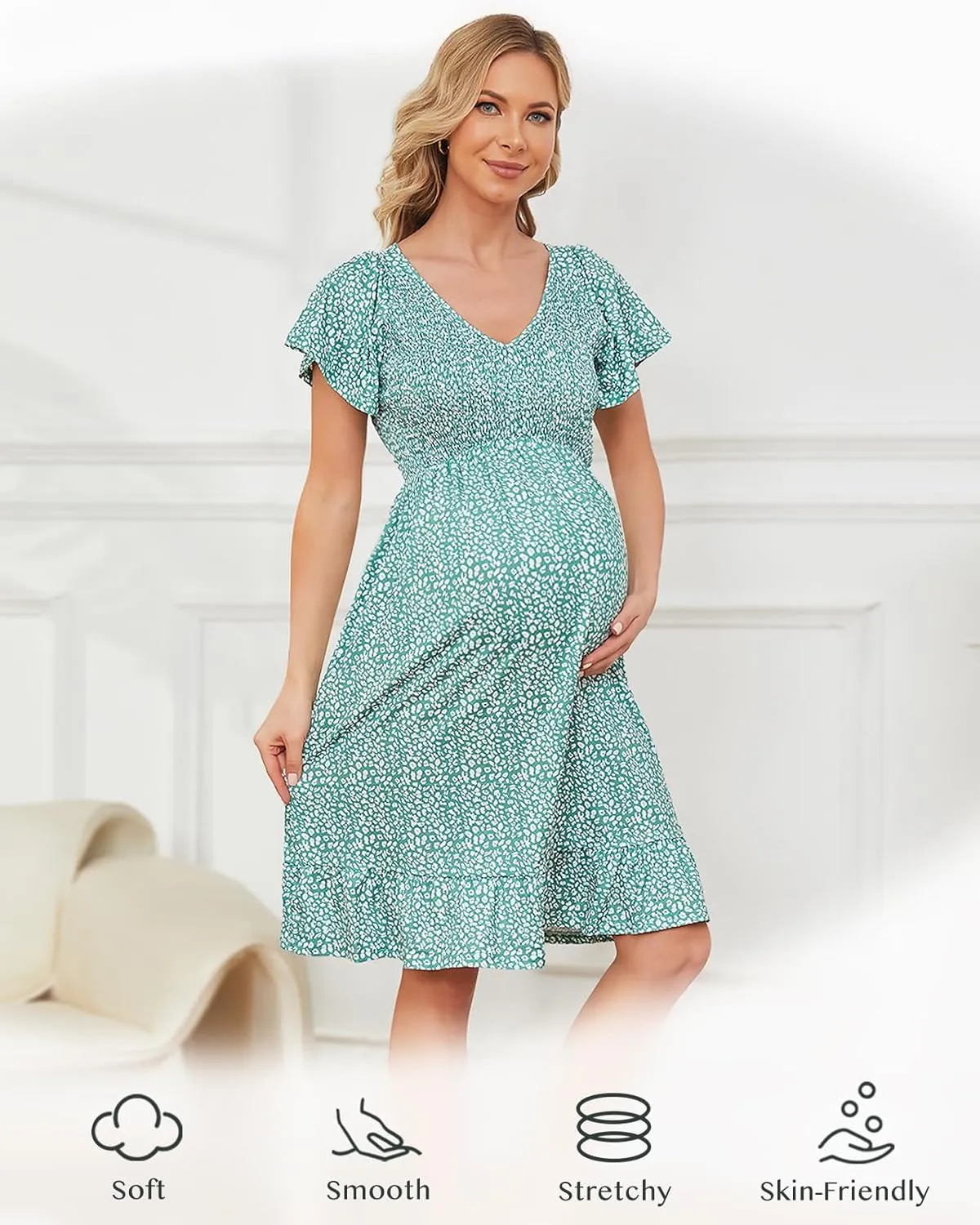 Domee Maternity Dress Floral Print V-Neck Midi A-Line Shirred Short Sleeves Ruffled Flowy Summer Boho Baby Shower Photoshoot